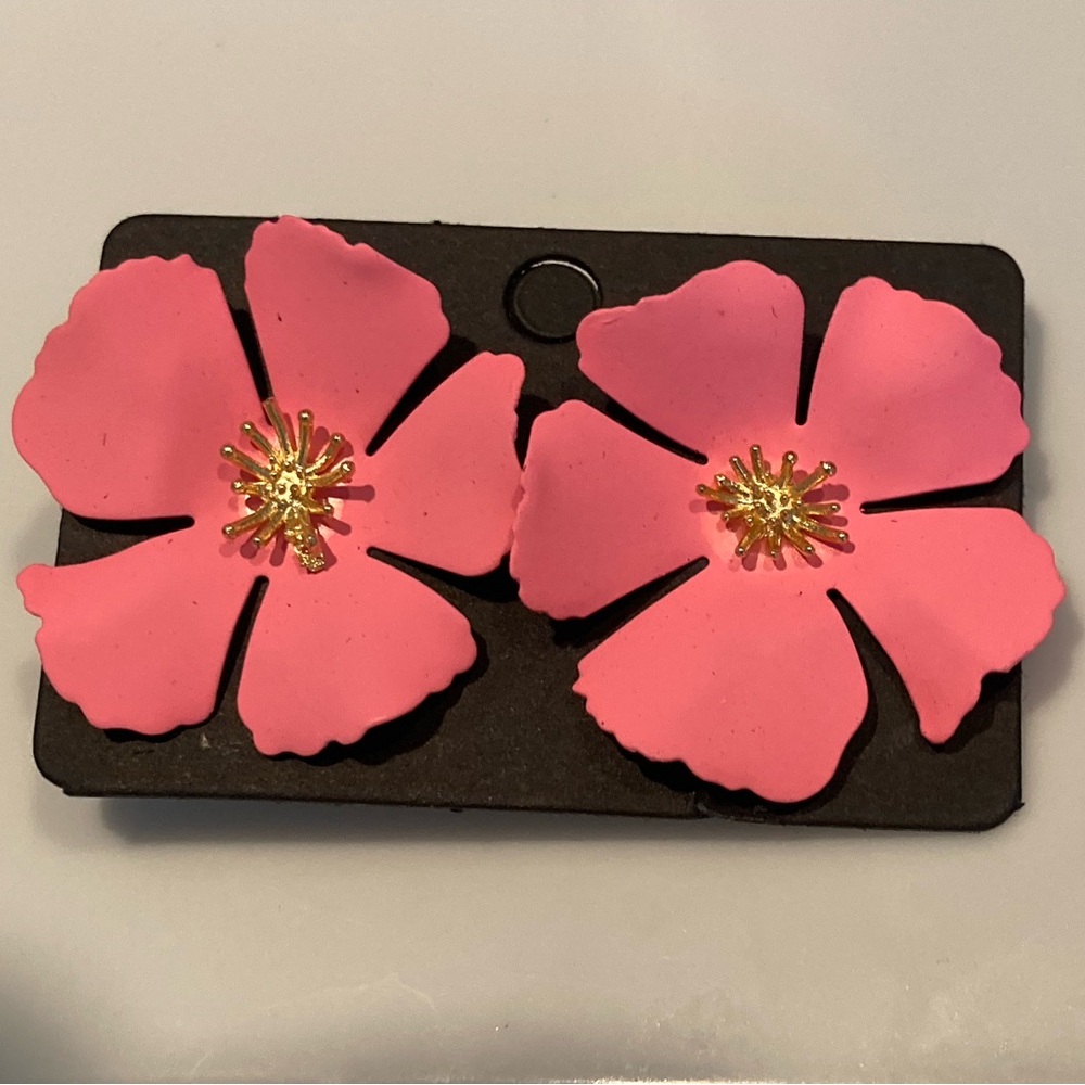 Pink Floral Statement Earrings - Gold Center